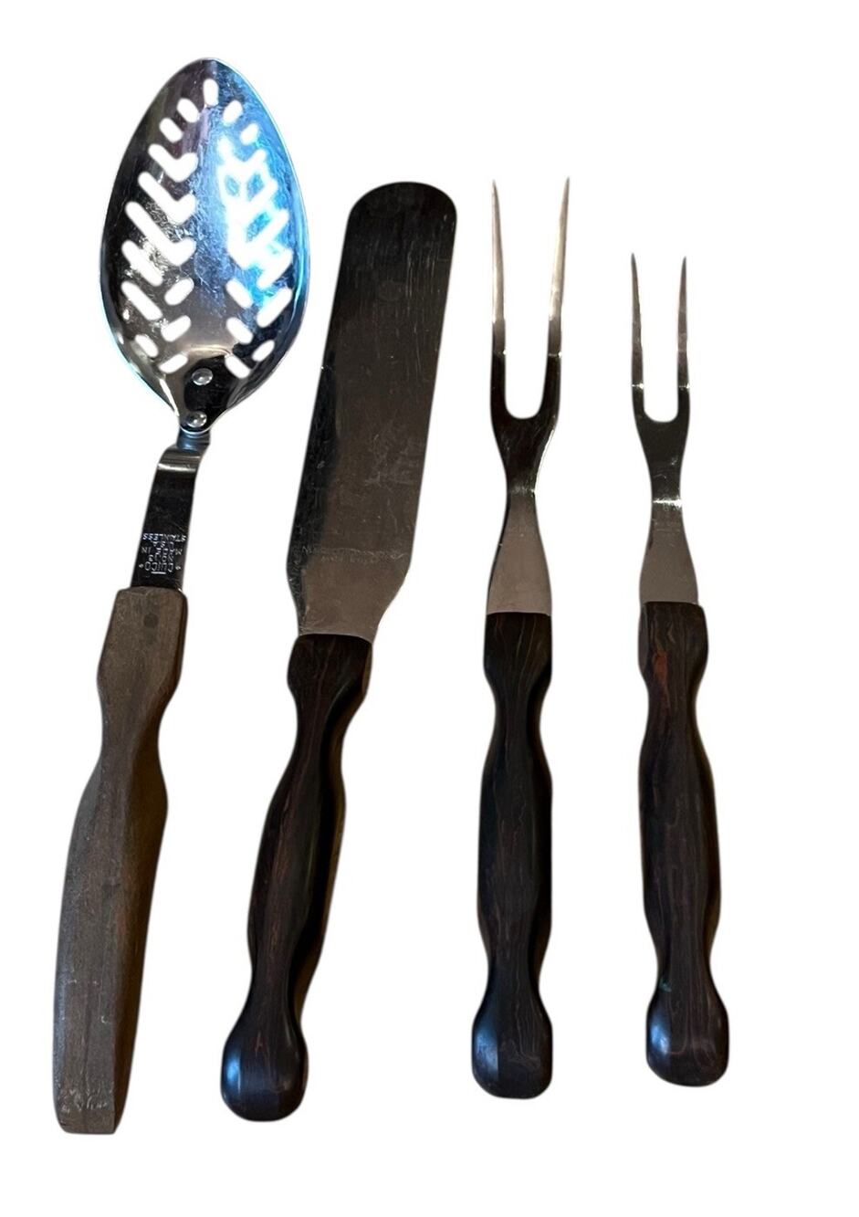 4 VTG Cutco 2 Chef Forks, Slotted Spoon, Spreader Knife Lot Brown